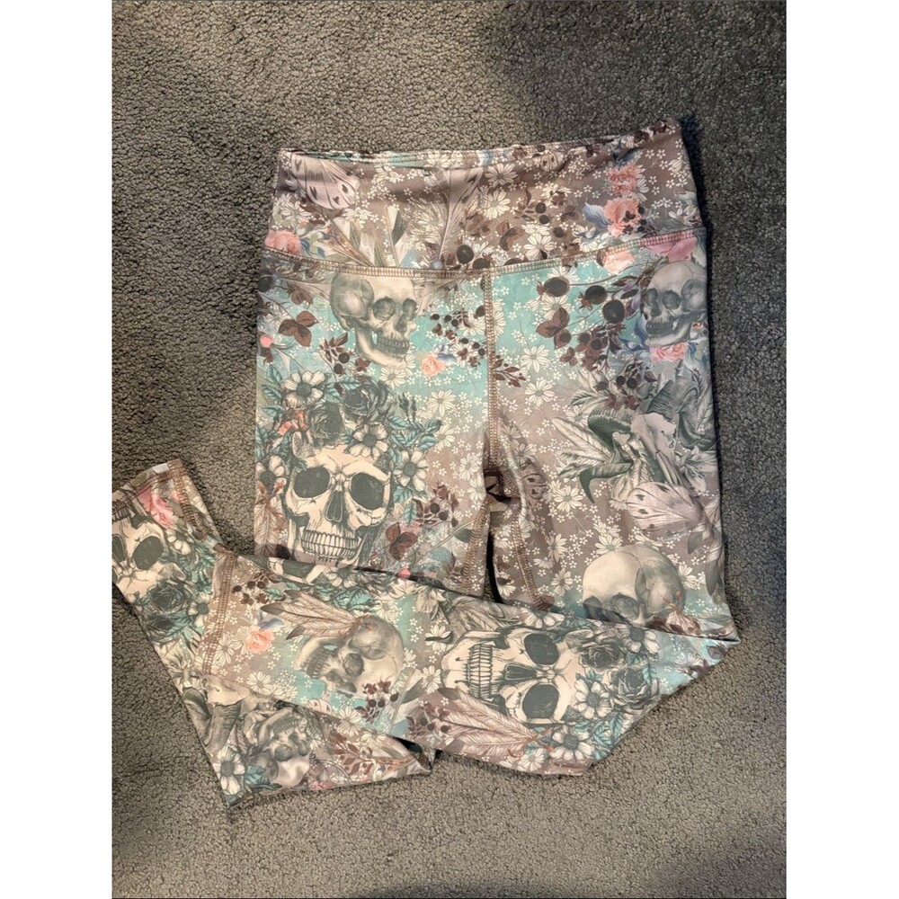 Evolution and Creation Mint and Taupe Floral Skull Leggings. Size Small Petite